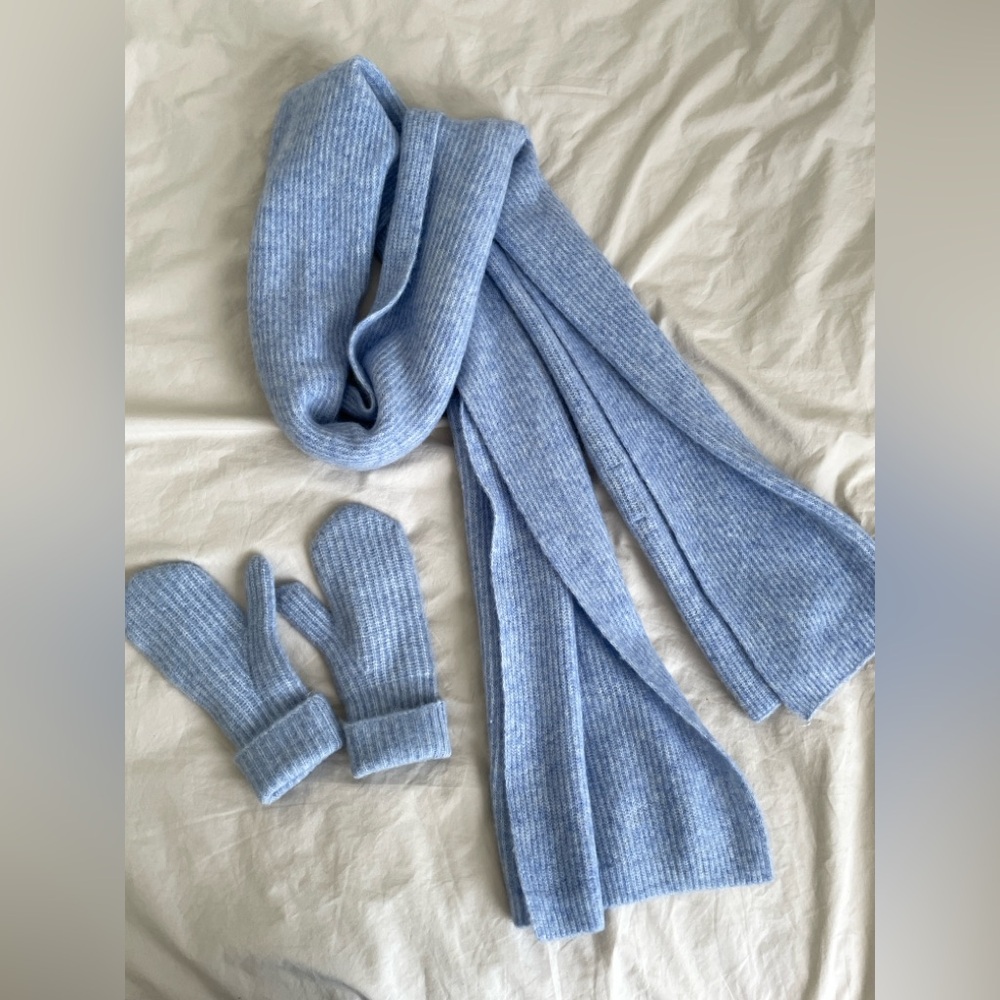 Blue Knit Scarf and Mittens Set